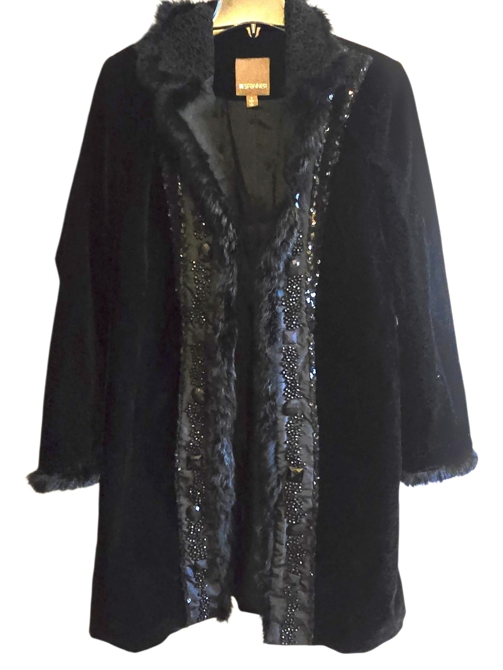Spanner Black Velvet & Faux Fur Beaded Statement Coat SIZE 6